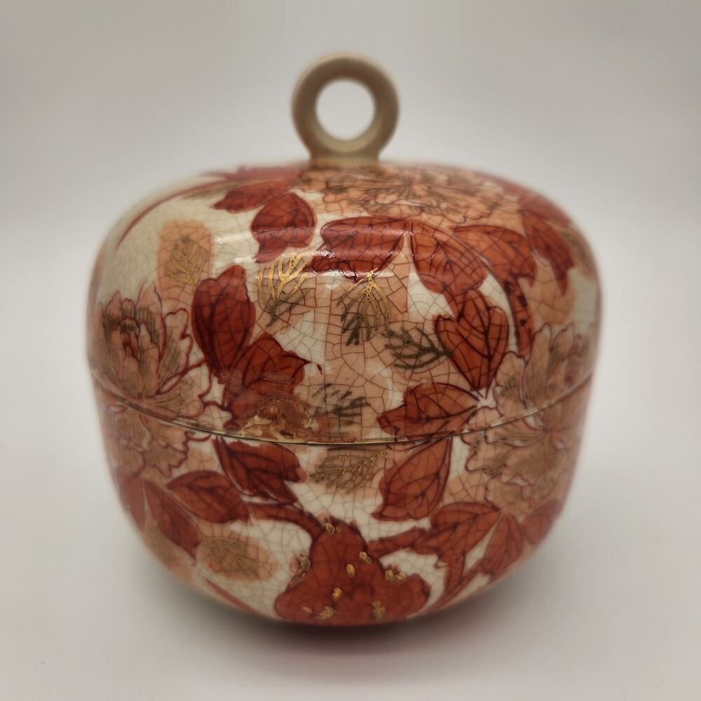 Oriental Ceramic‎ Crackle Glaze Bowl w/Lid Orange Leaves Peach Flowers Gold Trim